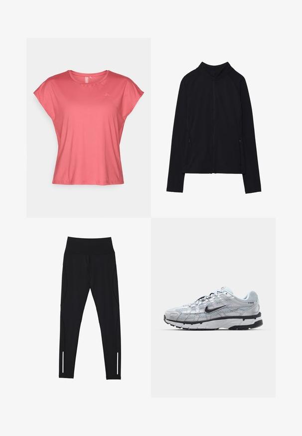 Juoda zip-up striukė su aukštu apykakle, pagaminta iš švelnios medžiagos. Su raglaninės rankovėmis ir dviem užtrauktukais uždaromais šoninių kišenėmis. Lygi tekstūra.; Šviesiai koralų spalvos marškinėliai su trumpomis rankovėmis, pagaminti iš lygaus audinio, su apvaliu kaklu ir laisvu siluetu. Viršuj kairėje pusėje yra minimalus ženklinimas.; Juodos pėdkelnės, pagamintos iš tamprios medžiagos, su aukštu juosmeniu, šoninėmis siūlėmis ir atspindinčiais akcentais šalia kulkšnies, kad būtų geriau matomas.; Nike P-6000 sportbačiai su šviesiai pilku tinkleliu, juodais akcentais ir patvariu juodu guminėm padais. Yra sudėtingas dizainas ir raištelių sistema.