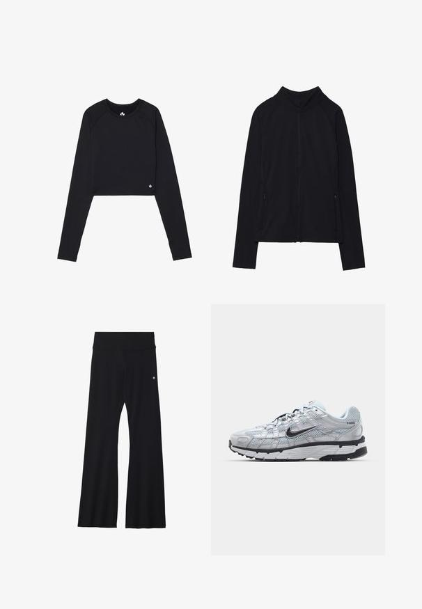 Schwarze Zip-Jacke mit hohem Kragen, aus weichem Stoff gefertigt. Verfügt über Raglanärmel und zwei seitliche Reißverschlusstaschen. Glatte Textur.; Schwarzes, kurzes Langarmoberteil aus elastischem Stoff. Mit Rundhalsausschnitt und einem kleinen Logoakzent am Saum.; Schwarze, ausgestellte Yogahosen aus elastischem Material, mit einem breiten Bund und einem kleinen Logo nahe der Hüfte. Glatte Textur, keine Muster.; Nike P-6000 Sneakers mit einem Obermaterial aus leichtem grauem Mesh, schwarzen Akzenten und einer langlebigen schwarzen Gummisohle. Verfügt über ein komplexes Design und ein Schnürsystem.