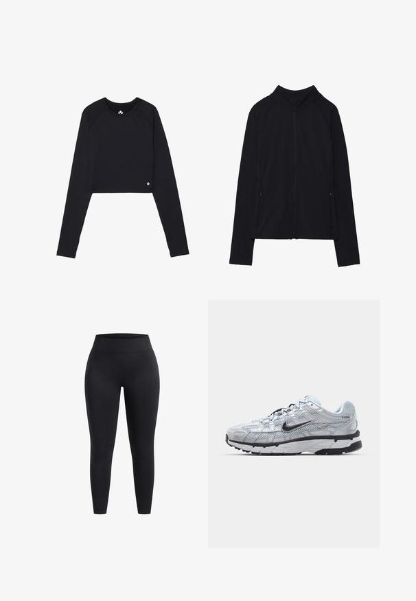 Zwarte zip-up jas met een hoge kraag, gemaakt van zacht materiaal. Voorzien van raglanmouwen en twee ritssluitingen aan de zijkant. Glad textuur.; Zwarte cropped lange mouwen top van rekbaar stof. Heeft een ronde halslijn en een klein logo-accent aan de zoom.; Hoge zwarte legging gemaakt van rekbaar materiaal, met een gladde oppervlakte en een enkellange pasvorm. Geen patronen of zichtbare hardware details.; Nike P-6000 sneakers met een lichtgrijze mesh bovenkant, zwarte accenten en een duurzame zwarte rubberen zool. Kenmerkt zich door een ingewikkeld ontwerp en vetersysteem.
