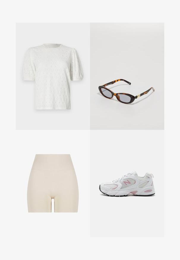 Chaqueta cremosa con cremallera, de mangas largas, textura acanalada y un diseño corto. Presenta mangas raglán y aberturas laterales en los puños.; Camiseta blanca de manga corta con mangas abullonadas, patrón floral texturizado y cuello redondo. Confeccionada en una tela ligera.; Pantalones cortos beige con una textura suave, cinturilla alta acanalada y un ajuste elástico, con un largo a mitad del muslo y sin patrones visibles.; Zapatillas deportivas blancas con parte superior de malla y sintético, acentos en rosa, cuello acolchado y suela de goma negra. Presenta perforaciones visibles y logotipo.; Gafas de sol carey con un elegante marco ovalado, lentes grises y detalles en dorado en las patillas, mostrando un diseño audaz y un acabado brillante.; Bolso de mano marrón con un patrón, con una silueta curva, que cuenta con un cierre superior de cremallera, herrajes dorados y una correa de hombro ajustable.; Pendientes en forma de concha dorada con surcos verticales y un acabado pulido, que reflejan la luz y exhiben un diseño texturizado.
