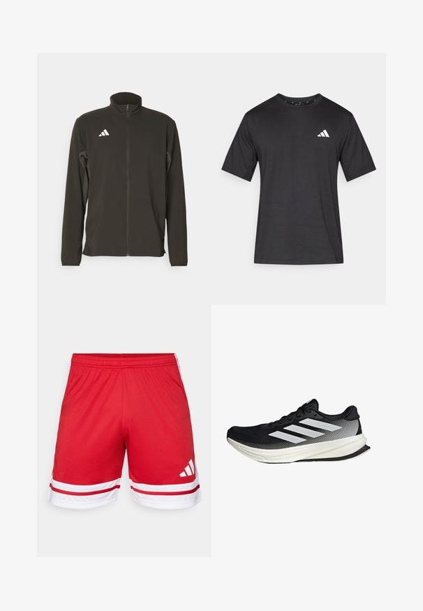 Musta vetoketjullinen takki, joka on valmistettu kevyestä kankaasta. Ominaisuuksiin kuuluu korkea kaulus ja kolme valkoista viistoviivaa vasemmassa rinnassa.; Lyhythihainen musta t-paita, joka on valmistettu sileästä kankaasta; mukana valkoinen logo rinnassa ja pyöreä pääntie.; Punaiset urheilushortsit, jotka on valmistettu sileästä materiaalista, jossa on valkoinen korostusraita hemassa ja kolme valkoista raitaa sivuilla.; Musta urheilukengä, jossa on verkkomaisia yksityiskohtia, valkoiset raidat, pyöristetty kärki ja pintakuvioitu pohja pidon ja tuen tarjoamiseksi.