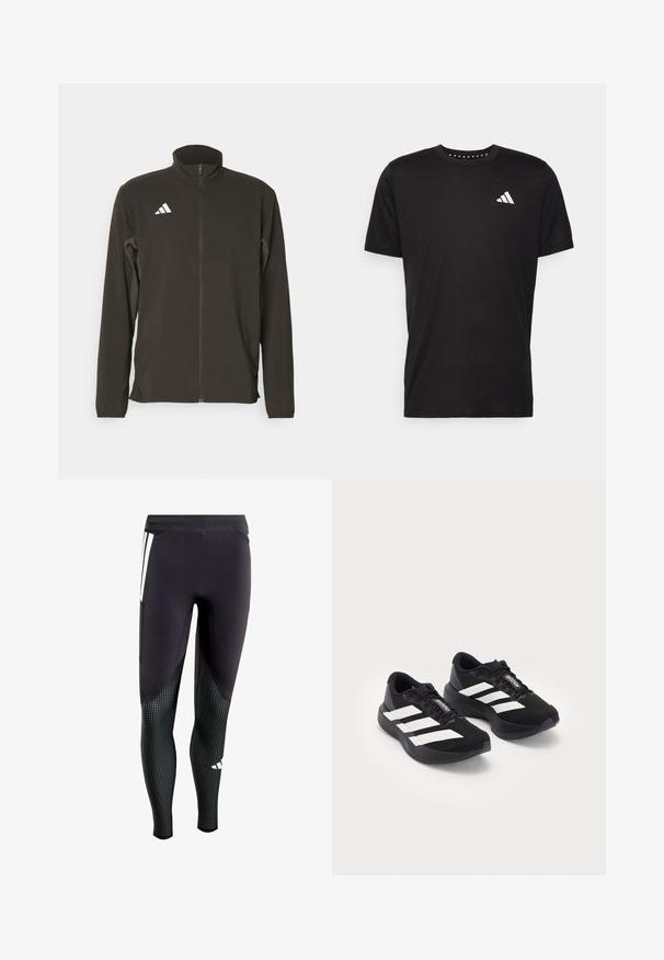 Giacca nera con zip realizzata in tessuto leggero. Presenta un colletto alto e tre strisce diagonali bianche sul lato sinistro del petto.; T-shirt in cotone nero con maniche corte, scollo rotondo e logo bianco sul lato sinistro del petto. Texture liscia e design semplice.; Leggings sportivi neri con tessuto testurizzato nella parte bassa caratterizzato da piccoli punti bianchi. Include una tasca laterale e un design con pannelli a contrasto.; Un paio di scarpe da corsa Adidas Adizero nere con strisce e lacci bianchi su uno sfondo bianco, posizionate affiancate.