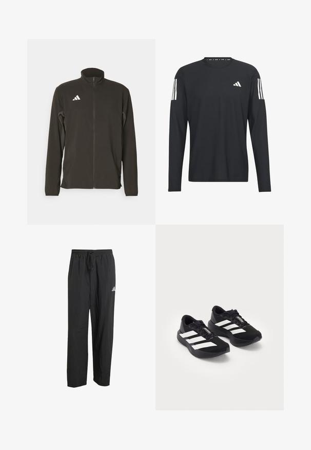 Casaco preto com fecho zip em tecido leve. Apresenta um colarinho alto e três riscas diagonais brancas no lado esquerdo do peito.; Camisola preta de manga longa feita de tecido leve, com gola redonda, superfície texturizada e logo de três riscas brancas nas mangas.; Calças atléticas pretas feitas de tecido leve, apresentando uma cintura elástica com cordão e um pequeno logotipo branco em uma perna.; Um par de sapatilhas de correr Adidas Adizero pretas com riscas e atacadores brancos, sobre fundo branco, posicionadas lado a lado.