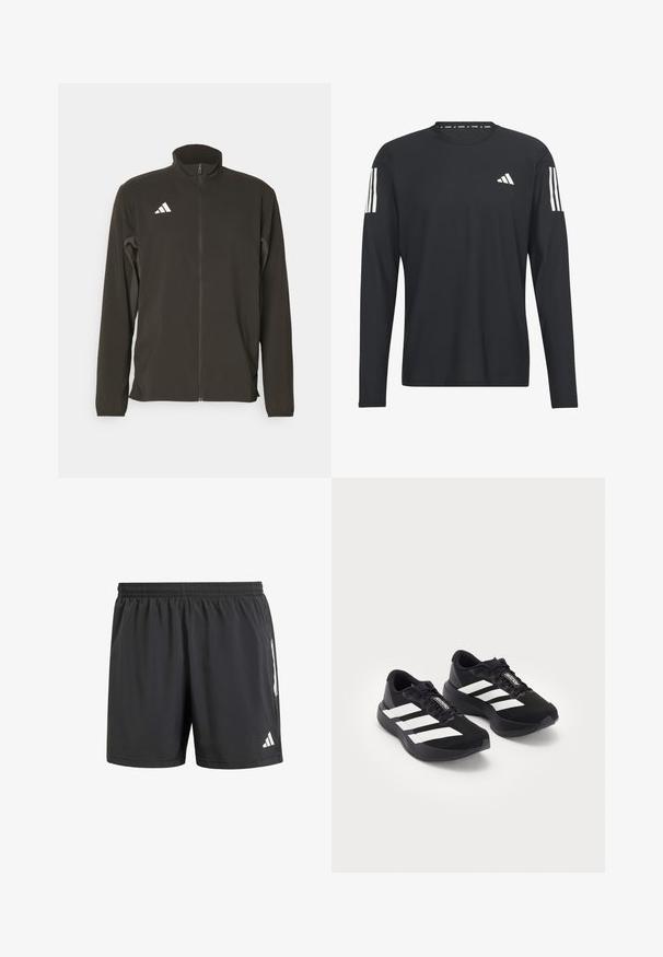 Casaco preto com fecho zip em tecido leve. Apresenta um colarinho alto e três riscas diagonais brancas no lado esquerdo do peito.; Camisola preta de manga longa feita de tecido leve, com gola redonda, superfície texturizada e logo de três riscas brancas nas mangas.; Bermudas atléticas pretas com um cós elástico, perna curta e detalhes em branco nas laterais. Feitas de um tecido leve.; Um par de sapatilhas de correr Adidas Adizero pretas com riscas e atacadores brancos, sobre fundo branco, posicionadas lado a lado.