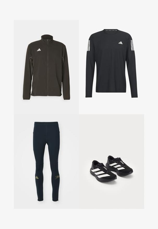 Črna jakna na zadrgo iz lahkega materiala. Ima visok ovratnik in tri bele diagonale črte na levi strani prsnega dela.; Črna majica z dolgimi rokavi iz lahkega materiala, z okroglim izrezom, strukturirano površino in belim logotipom s tremi črtami na rokavih.; adidas Performance BER24 LONG - Pajkice - aurora ink; Par ravni črni tekaški čevlji Adidas Adizero z belimi črtami in vezalkami na beli podlagi, postavljeni drug poleg drugega.