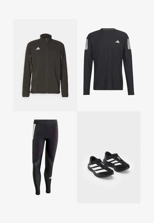 Musta vetoketjullinen takki, joka on valmistettu kevyestä kankaasta. Ominaisuuksiin kuuluu korkea kaulus ja kolme valkoista viistoviivaa vasemmassa rinnassa.; Musta pitkähihainen paita, joka on valmistettu kevyestä kankaasta. Paidassa on pyöreä kaula-aukko, tekstuuripinta ja valkoinen kolmiviivaa logo hihoissa.; Musta urheilullinen legginssi, jossa on teksturoitu alaosa, jossa on pieniä valkoisia pilkkuja. Mukana sivutasku ja kontrastivärinen paneelisuunnittelu.; Mustat Adidas Adizero -juoksukengät valkoisilla raidoilla ja nauhoilla valkoista taustaa vasten, aseteltuna vierekkäin.
