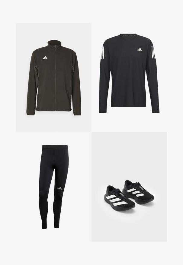 Veste zippée noire en tissu léger. Elle présente un col montant et trois rayures blanches en diagonale sur la poitrine gauche.; Chemise noire à manches longues en tissu léger, dotée d'un col rond, d'une surface texturée, et d'un logo à trois bandes blanches sur les manches.; Leggings de sport noirs avec une texture lisse, dotés d'accents réfléchissants et d'une coupe ajustée. Fabriqués en matériau extensible évacuant l'humidité.; Une paire de chaussures de course Adidas Adizero noires avec des rayures et des lacets blancs sur un fond blanc, placées côte à côte.