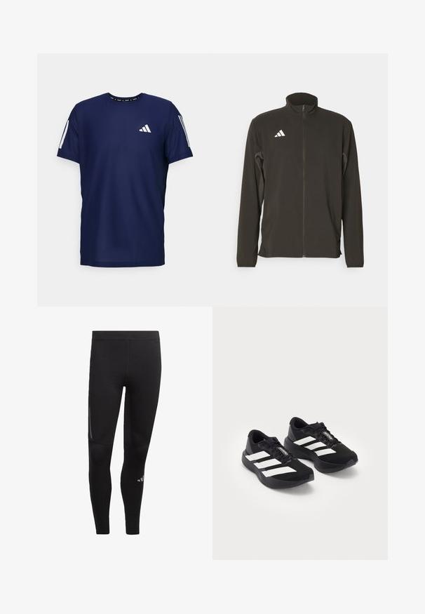 Svart zip-up jacka i lätt tyg. Har en hög krage och tre vita diagonala ränder på vänster bröst.; Marinblå atletisk t-shirt tillverkad av ett andningsbart tyg, med korta ärmar, rund hals och en vit logotyp på vänster bröst och på ärmarna.; Svarta atletiska leggings gjorda av elastiskt material, med hög midja, reflexdetaljer och en logotyp nära ankeln. Slät yta.; Ett par svarta Adidas Adizero löparskor med vita ränder och skosnören på vit bakgrund, placerade sida vid sida.