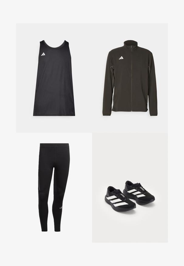 Black zip-up jacket made of lightweight fabric. Features a high collar and three white diagonal stripes on the left chest.; Black sleeveless athletic tank top made of lightweight fabric. Features a round neckline and an Adidas logo in white on the left chest.; Black athletic leggings made of stretchy material, featuring a high waistband, reflective accents, and a logo near the ankle. Smooth texture.; Pair of black Adidas Adizero running shoes with white stripes and laces on white background, positioned side by side.