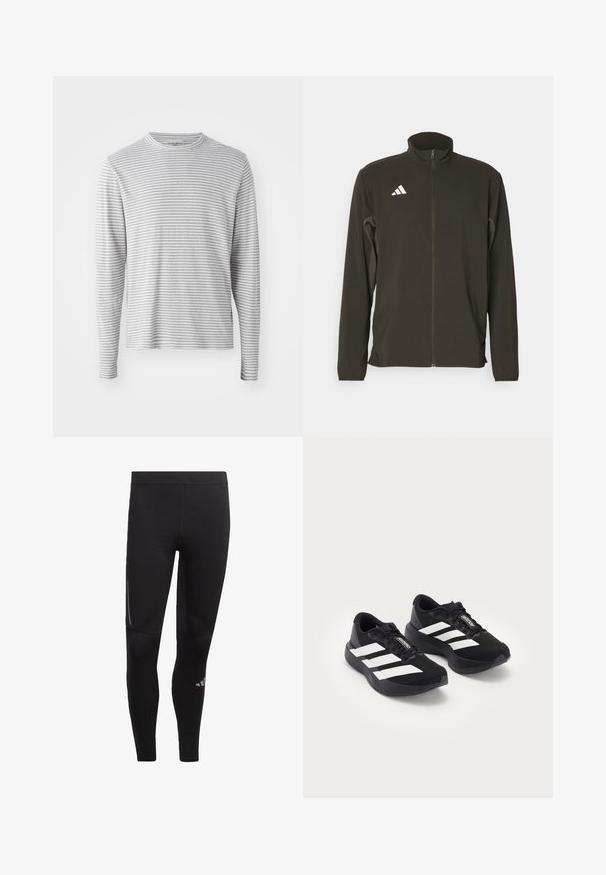 Casaco preto com fecho zip em tecido leve. Apresenta um colarinho alto e três riscas diagonais brancas no lado esquerdo do peito.; Camisa de manga longa em cinza claro com finas riscas horizontais. Decote redondo, tecido suave e ajuste casual. Sem hardware ou detalhes visíveis.; Leggings atléticos pretos feitos de material elástico, com uma cintura alta, detalhes refletivos e um logótipo perto do tornozelo. Textura suave.; Um par de sapatilhas de correr Adidas Adizero pretas com riscas e atacadores brancos, sobre fundo branco, posicionadas lado a lado.