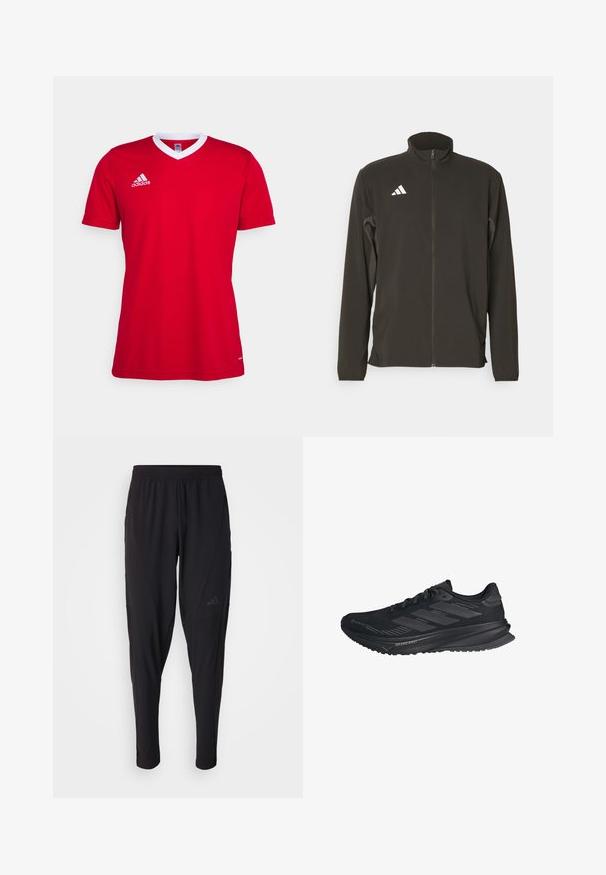 Jachetă neagră cu fermoar, fabricată dintr-un material ușor. Prezintă un guler înalt și trei benzi diagonale albe pe pieptul stâng.; Tricou de fotbal Adidas roșu, cu guler v-neck alb. Mâneci scurte și branding subtil în zona pieptului stâng. Textură de țesătură netedă.; Pantaloni atletici negri cu o talie elastică, design conic, buzunare laterale și detalii subtile cu logo. Fabricat dintr-un material flexibil și respirabil.; Pantof cu alergare Adidas negru, cu un superior Gore-Tex, trei dungi pe laterale și "Dreamstrike" pe talpă, văzut din lateral.