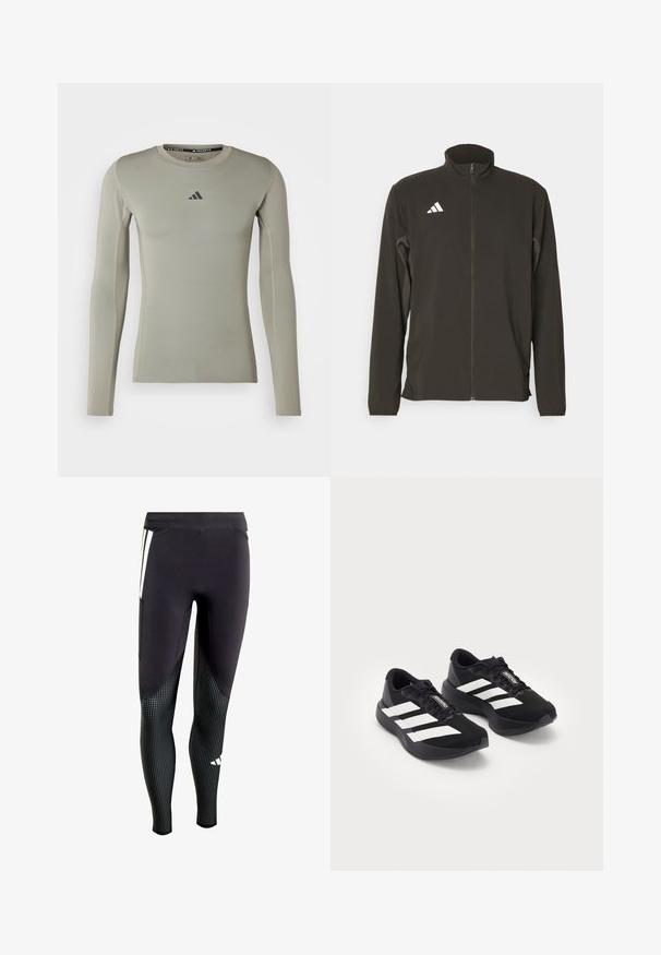 Čierna zipová bunda vyrobená z ľahkej tkaniny. Má vysoký golier a tri biele diagonálne pruhy na ľavej hrudi.; Dlhý rukáv športová košeľa v svetlozelenom materiáli. Má okrúhly výstrih, priliehavý strih a malé čierne logo na hrudi.; Čierne atletické legíny so štruktúrovaným dolným materiálom, ktorý má malé biele bodky. Zahrňuje bočnú kapsu a dizajn s kontrastnými panelmi.; Pár čiernych bežeckých topánok Adidas Adizero s bielymi pruhmi a šnúrkami na bielom pozadí, umiestnených vedľa seba.