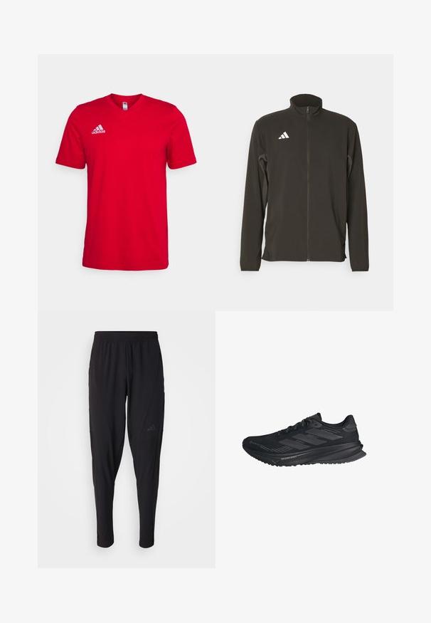 Czarna kurtka zapinana na zamek wykonana z lekkiego materiału. Posiada wysoki kołnierz i trzy białe ukośne paski na lewej piersi.; Czerwona bawełniana koszulka z krótkimi rękawami, dekoltem w serek oraz białym logo Adidas na lewej piersi. Gładka tekstura, bez widocznych wzorów.; Czarne spodnie sportowe z elastycznym pasem, zwężanym krojem, bocznymi kieszeniami i subtelnym logo. Wykonane z elastycznego, przewiewnego materiału.; Czarne biegi Adidas z cholewką Gore-Tex, trzy paski po bokach i napisem "Dreamstrike" na podeszwie, widok zewnętrzny.