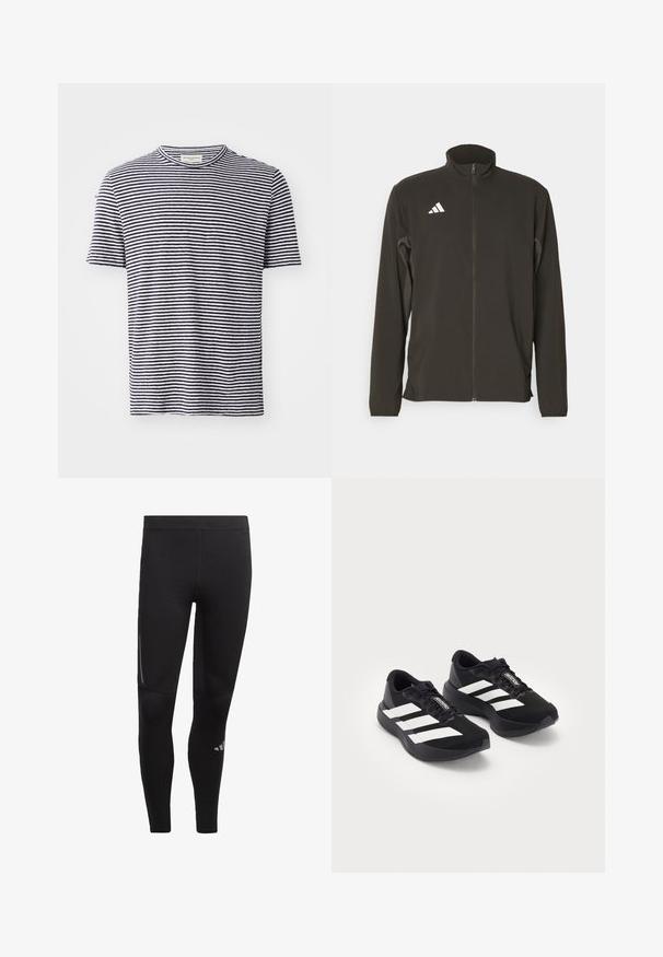 Black zip-up jacket made of lightweight fabric. Features a high collar and three white diagonal stripes on the left chest.; Short-sleeved T-shirt in cotton with a round neck, featuring alternating navy blue and white horizontal stripes. Simple, casual design.; Black athletic leggings made of stretchy material, featuring a high waistband, reflective accents, and a logo near the ankle. Smooth texture.; Pair of black Adidas Adizero running shoes with white stripes and laces on white background, positioned side by side.