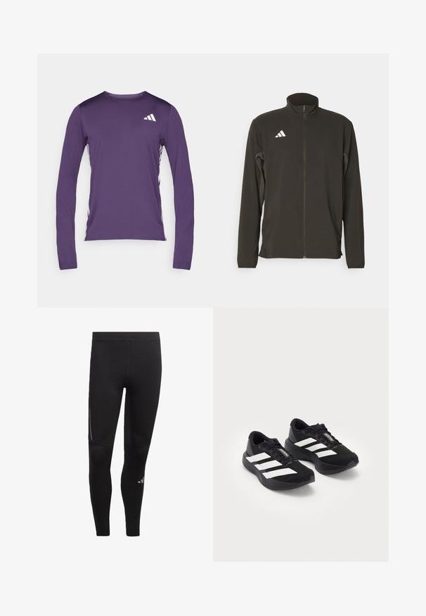 Black zip-up jacket made of lightweight fabric. Features a high collar and three white diagonal stripes on the left chest.; Long-sleeve athletic shirt in purple, featuring a crew neck, textured fabric, and white logo accents on the upper left chest and sides.; Black athletic leggings made of stretchy material, featuring a high waistband, reflective accents, and a logo near the ankle. Smooth texture.; Pair of black Adidas Adizero running shoes with white stripes and laces on white background, positioned side by side.