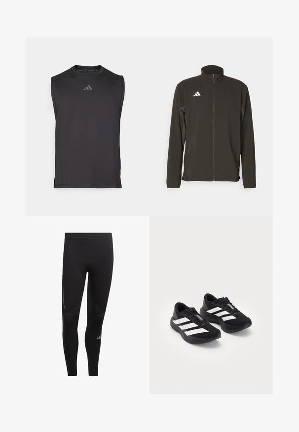 Giacca nera con zip realizzata in tessuto leggero. Presenta un colletto alto e tre strisce diagonali bianche sul lato sinistro del petto.; Maglietta atletica nera senza maniche realizzata in tessuto liscio, con scollatura rotonda e un logo discreto sul davanti.; Leggings sportivi neri realizzati in materiale elastico, con vita alta, dettagli riflettenti e un logo vicino alla caviglia. Texture liscia.; Un paio di scarpe da corsa Adidas Adizero nere con strisce e lacci bianchi su uno sfondo bianco, posizionate affiancate.
