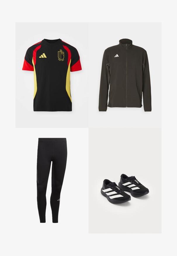 Giacca nera con zip realizzata in tessuto leggero. Presenta un colletto alto e tre strisce diagonali bianche sul lato sinistro del petto.; Maglietta sportiva nera con accenti rossi e gialli, con il logo Adidas sul fronte e un emblema a forma di scudo che rappresenta il Belgio.; Leggings sportivi neri realizzati in materiale elastico, con vita alta, dettagli riflettenti e un logo vicino alla caviglia. Texture liscia.; Un paio di scarpe da corsa Adidas Adizero nere con strisce e lacci bianchi su uno sfondo bianco, posizionate affiancate.