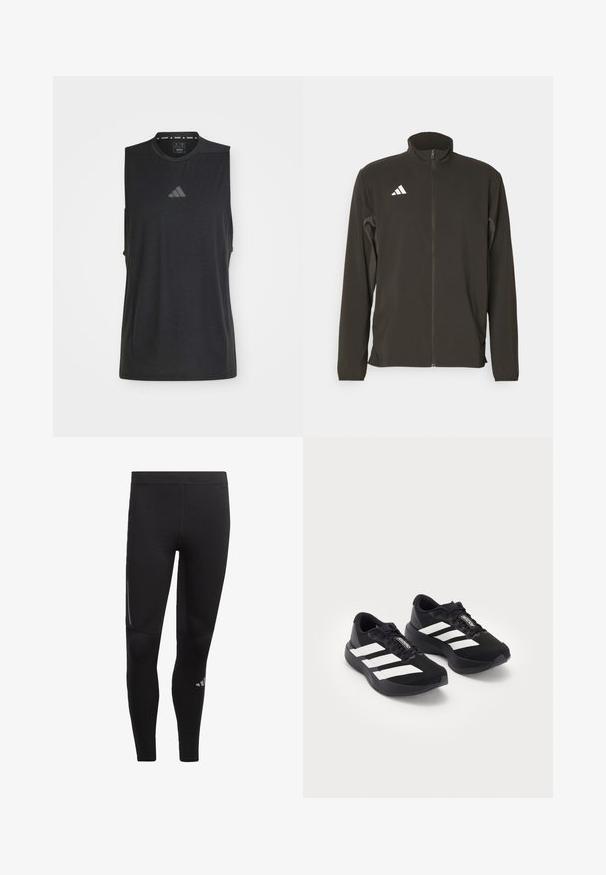Chaqueta negra con cierre, hecha de un tejido ligero. Presenta un cuello alto y tres franjas diagonales blancas en el lado izquierdo del pecho.; Camiseta atlética negra sin mangas, hecha de un tejido ligero, con cuello redondo y un sutil logotipo en el centro. Textura suave, diseño minimalista.; Leggings deportivas negras fabricadas con material elástico, con una cinturilla alta, acentos reflectantes y un logo cerca del tobillo. Textura suave.; Un par de zapatillas de running Adidas Adizero negras con rayas y cordones blancos, sobre un fondo blanco, posicionadas una al lado de la otra.