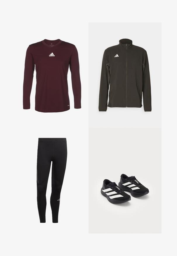 Čierna zipová bunda vyrobená z ľahkej tkaniny. Má vysoký golier a tri biele diagonálne pruhy na ľavej hrudi.; Bordová dlhá rukávová košeľa s výstrihom do V. Na hornej ľavej časti hrudníka sa nachádza biele logo Adidas. Hladká textúra látky.; Čierne športové legíny vyrobené z elastického materiálu, s vysokým pásom, reflexnými akcentmi a logom pri členku. Hladká textúra.; Pár čiernych bežeckých topánok Adidas Adizero s bielymi pruhmi a šnúrkami na bielom pozadí, umiestnených vedľa seba.