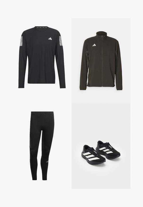 Zwarte zip-up jas gemaakt van lichtgewicht stof. Heeft een hoge kraag en drie witte diagonale strepen op de linkerborst.; Zwarte langslouwen shirt van lichtgewicht stof met een ronde hals, gestructureerd oppervlak en wit drie-strepen logo op de mouwen.; Zwarte sportleggings van rekbaar materiaal, met een hoge tailleband, reflecterende accenten en een logo bij de enkel. Glad textuur.; Een paar zwarte Adidas Adizero hardloopschoenen met witte strepen en veters op een witte achtergrond, zij aan zij gepositioneerd.