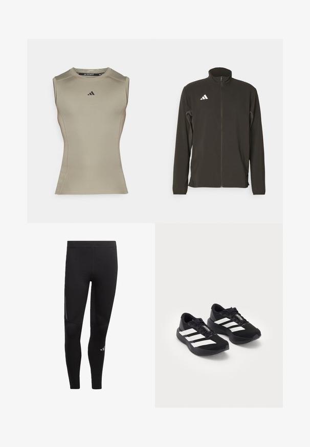 Musta vetoketjullinen takki, joka on valmistettu kevyestä kankaasta. Ominaisuuksiin kuuluu korkea kaulus ja kolme valkoista viistoviivaa vasemmassa rinnassa.; Hihaton, vartalonmyötäinen urheilupaita vaaleassa beige-kankaassa. Siinä on litteät saumat, pyöreä pääntie ja musta logo rinnassa.; Mustat urheilulegginsit, jotka on valmistettu joustavasta materiaalista ja joissa on korkea vyötärö, heijastavat yksityiskohdat ja logo nilkan lähellä. Silkkinen pinta.; Mustat Adidas Adizero -juoksukengät valkoisilla raidoilla ja nauhoilla valkoista taustaa vasten, aseteltuna vierekkäin.