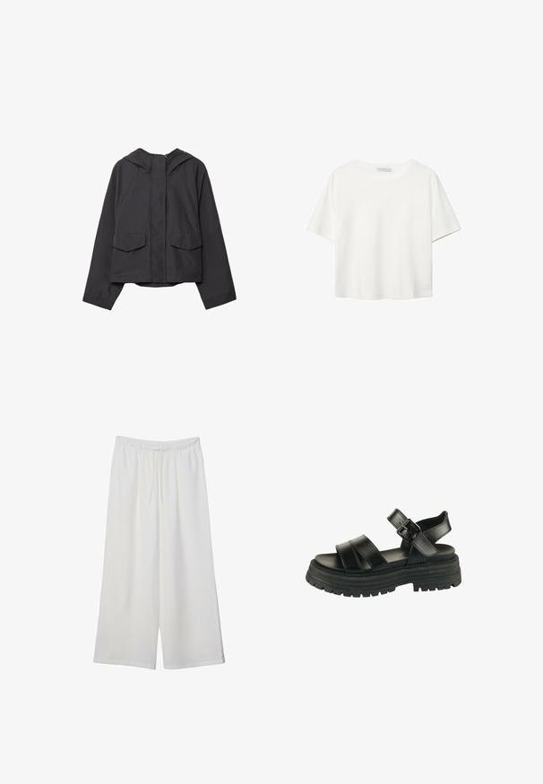 Črna kapuca jakna iz gladkega blaga, z zadrgo, dvema sprednjima žepoma in skrajšano silhueto.; Bela kratka majica s kratkimi rokavi iz bombaža. Ima okroglo izrezovanje in sproščen kroj. Gladka tekstura brez vidnih vzorcev ali poudarkov.; Bele široke hlače iz lahkega materiala, ki imajo elastičen pas in vrvico za prilagajanje. Gladka tekstura.; Črne usnjene sandale s tremi širokimi trakovi in nastavljivim zaponko za gleženj. Debel gumen podplat z strukturiranim profilom za boljši oprijem.