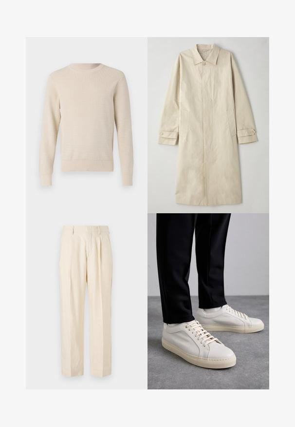 Manteau beige mi-long en tissu mélangé en coton. Il dispose d'un col à revers, d'une fermeture à bouton à l'avant et de poches latérales avec un détail à rabat.; Pull en tricot beige avec un motif texturé, col rond, et poignets et ourlet côtelés. Coupe classique avec des manches longues.; NN.07 KAY - Pantalon classique - off white; Baskets en cuir beige clair avec des lacets plats, une surface texturée et une semelle en caoutchouc crème contrastante, associées à un pantalon noir fuselé.