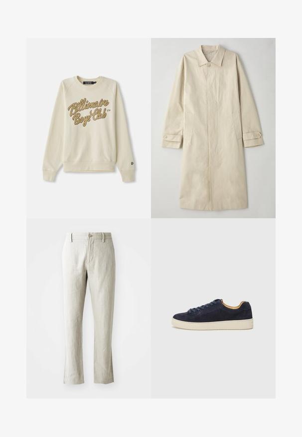 Beige, knælang frakke lavet af bomuldsblandingsmateriale. Har en spids krave, frontlukning med knapper og sidelommer med klapdetalje.; Creme crewneck sweatshirt med lange ærmer, prydet med gul og brun ternet "Billionaire Boys Club" tekst på brystet.; Lyse beige linnedbukser med lige pasform, subtil tekstur, frontlukning med knap og to sidelommer. Skræddersyet til en ren silhuet.; Marineblå ruskinds lav-top sneaker med rund tå, off-white gummisål og matchende snørebånd; har en kontrasterende tan indvendig foring.