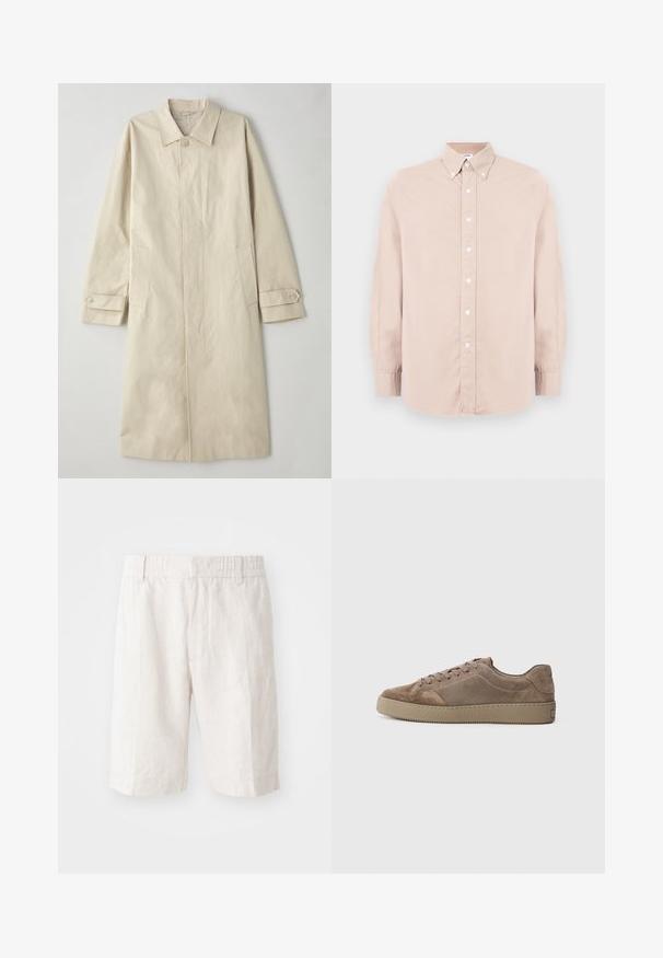 Bež kaput do koljena izrađen od mješavine pamuka. Ima izrezanu kragnu, zatvaranje na gumbe sprijeda i bočne džepove s preklopom.; Svijetlo ružičasta košulja na dugih rukava s ovratnikom i bijelim gumbima. Izrađena od glatkog materijala s klasičnim krojem.; Linen hlače kratke u svijetlo bež boji s elastičnim pojasom, bočnim džepovima i ravnim krojem. Glatka tekstura s minimalno vidljivim šavovima.; Smeđi nubuk niskotopni tenisice s ravnim gumenim potplatom, vezanjem i detaljima šivanja, prikazane sa strane na jednostavnoj pozadini.