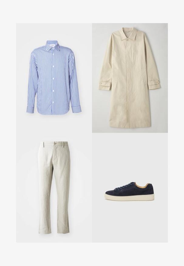 Cappotto beige lungo fino al ginocchio realizzato in tessuto misto cotone. Caratterizzato da un colletto a punte, chiusura frontale con bottoni e tasche laterali con dettagli a patta.; Camicia a righe blu e bianche, con colletto, maniche lunghe, chiusura con bottoni, tessuto morbido, dotata di polsini con bottoni e righe verticali uniformemente distanziate.; Pantaloni in lino beige chiaro con taglio dritto, sottile texture, chiusura frontale con bottone e due tasche laterali. Progettati per una silhouette pulita.; Sneaker bassa in suede blu navy con punta tondeggiante, suola in gomma bianca sporca e lacci abbinati; presenta un rivestimento interno a contrasto in tonalità tan.