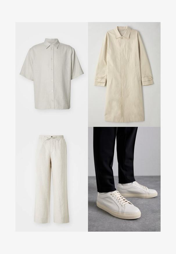 Beige, knielang jasje gemaakt van katoenmix-stof. Heeft een gekartelde kraag, een sluiting met knopen aan de voorkant en zijzakken met klepdetail.; Kortom, een overhemd met korte mouwen en kraag in lichtbeige met subtiele ribbelstructuur, voorzien van vijf knopen aan de voorkant en een ontspannen pasvorm.; Linnen broek in een lichtbeige kleur, met een losse fit, elastische tailleband met touwtjes en zijzakken voor extra gemak.; Lichtbeige leren sneakers met platte veters, een gestructureerd oppervlak en een contrasterende crème-kleurige rubberen zool, gecombineerd met zwarte taps toelopende broek.