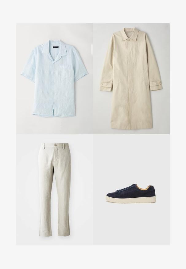 Casaco bege, até aos joelhos, feito de um tecido misto de algodão. Apresenta colarinho com cortes, fecho frontal com botões e bolsos laterais com detalhe de aba.; Camisa de botão de linho de manga curta azul-claro, com um bolso no peito, colarinho com corte e um ajuste descontraído com bainha reta.; Calças de linho beije claro com corte reto, textura subtil, fecho frontal com botão e dois bolsos laterais. Concebidas para uma silhueta limpa.; Sapatilha de camurça azul-marinho de cano baixo com biqueira arredondada, sola de borracha off-white e atacadores a condizer; apresenta um forro interior contrastante em tom de tan.