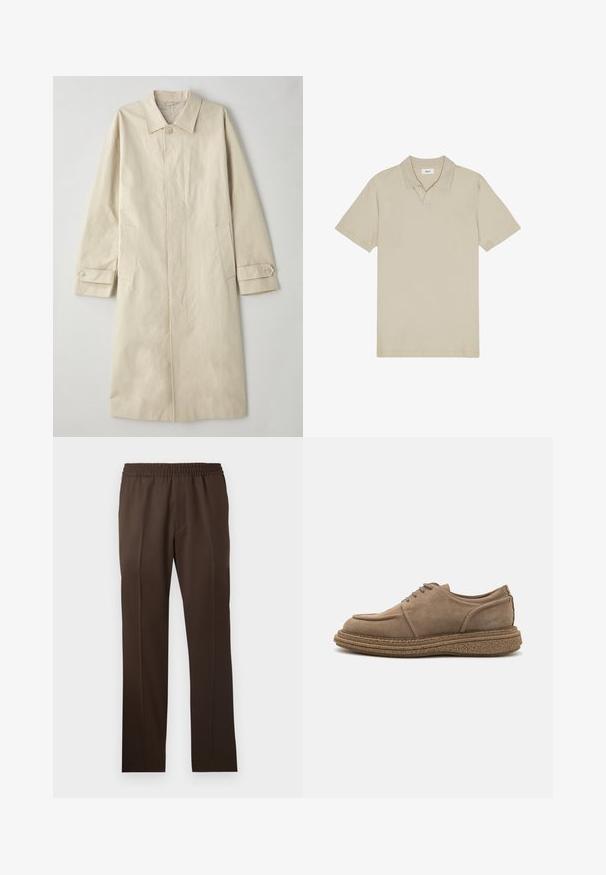 Manteau beige mi-long en tissu mélangé en coton. Il dispose d'un col à revers, d'une fermeture à bouton à l'avant et de poches latérales avec un détail à rabat.; Polo shirt en coton beige avec un col rabattu, des manches courtes et une texture subtile. Présente une patte de boutonnage centrale avec deux boutons.; Pantalons marron à jambes droites avec une taille élastique et une texture de tissu lisse ; présentent des plis marqués à l'avant.; Chaussures en daim marron à lacets, avec un bout arrondi, une semelle en liège texturé et un petit talon. Des coutures simples accentuent les côtés.
