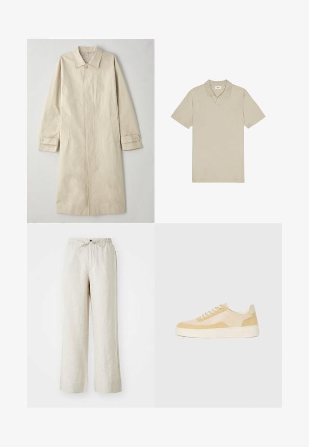 Beige, polvipituinen takki, joka on valmistettu puuvillasekoitteesta. Siinä on lovellinen kaulus, edessä nappikiinnitys ja sivuilla läpälliset taskut.; Vaahto beesi puuvillapolo, millel on volditav krae, lühikesed varrukad ja peen tekstuur. Seal on keskel nööpidega plisseerimine.; Liinahousut vaaleanbeigeissä sävyissä, joissa on rento malli, joustava vyötärönyöri ja sivutaskut käytännöllisyyden vuoksi.; Tennarit vaaleankeltaisesta nukasta ja nahasta, joissa on pehmustettu pohja ja ommellut yksityiskohdat. Klassinen nauhoitettava muotoilu ja pyöreä kärki.