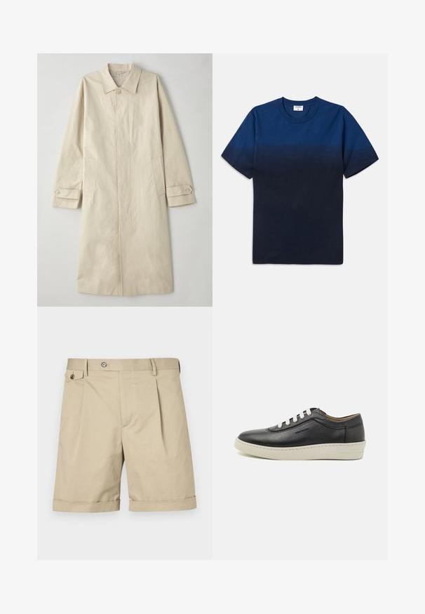 Šviesiai rudas, iki kelio ilgio paltas pagamintas iš medvilnės ir sintetinių pluoštų mišinio. Turi įpjovą reikalaujantį apykaklę, priekinį užsegimą mygtukais ir šonines kišenes su uždaromais atvartais.; Tamsiai mėlynas medvilninis marškinėliai su apvalia iškirpte, trumpomis rankovėmis ir subtiliu gradientiniu dizainu, pereinančiu nuo šviesesnių atspalvių prie tamsesnių.; Šviesiai rudos medvilnės mišinio šortai, su priekiniu raukšlėmis, mygtuko uždarymu ir pasuktais džinsiniais rankogaliais, kad būtų suteiktas papildomas dizaino akcentas.; Juodos odinės sportinės bateliai su balta guma padais, apvaliu pirštu ir plokščiomis raištelėmis, su šoninėmis siuvimo detalėmis ir subtilia žymėjimo.