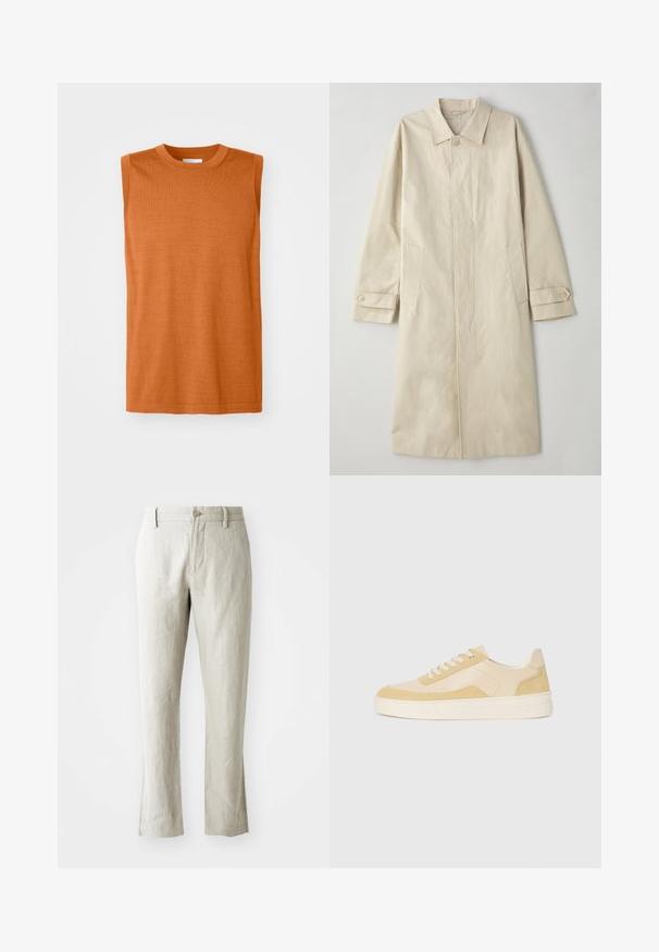 Beige, knee-length coat made of cotton-blend fabric. Features a notched collar, front button closure, and side pockets with flap detail.; Sleeveless orange knit top with a round neckline, smooth texture, and a straight cut design, featuring a clean hem and minimal detailing.; Light beige linen trousers with a straight cut, subtle texture, front button closure, and two side pockets. Tailored for a clean silhouette.; Sneakers in light yellow suede and leather, featuring a cushioned sole and stitched accents. Classic lace-up design with a rounded toe.