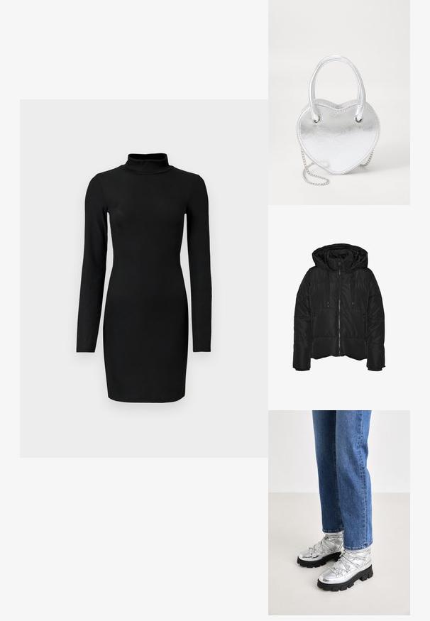 Fekete puffajak kapucnival, elülső cipzárral, rugalmas mandzsettákkal és oldalsó zsebekkel; sima textúrával és steppelt mintázattal.; Fekete bordázott, hosszú ujjú ruha, állógallérral, testhezálló fazonnal és sima textúrával. Térd közepéig érő hosszúság, látható minták vagy díszítések nélkül.; Fémes ezüst színű bokacsizma, amelynek masszív fekete talpa van, párnázott felsőrésze és fűzője, kék egyenes szárú farmernadrággal párosítva.; Ezüst fém szív alakú kézi táska dupla fogantyúval, láncos pánttal és sima felülettel. Fém hardverrel és varrott szélekkel rendelkezik.
