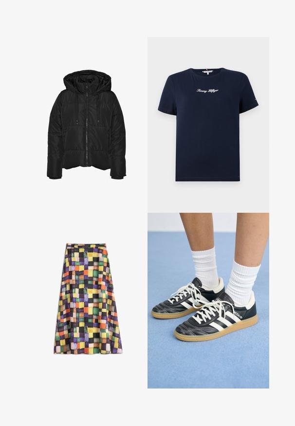 Chaqueta acolchada negra con capucha, que cuenta con un cierre frontal, puños elásticos y bolsillos laterales; textura suave con diseño acolchado.; Camiseta de algodón azul marino con mangas cortas y cuello redondo. Presenta el logo bordado en blanco de "Tommy Hilfiger" en el pecho. Diseño liso, corte relajado.; Falda midi colorida con un patrón de cuadros en naranja, amarillo, verde, morado, negro y marrón en una tela fluida.; Zapatillas de cuero negro con rayas blancas, punta redonda, cordones blancos y suela de goma. Destacan por su cuello acolchado y detalles de marca.