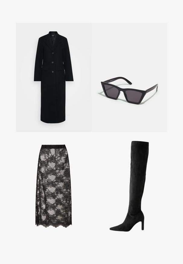 Dlouhý černý ženský kabát s klopovým límcem, třemi knoflíky vpředu a klopovými kapsami po obou stranách.; Dlouhé černé tričko z měkké látky, s širokým výstřihem a mírně volným střihem, bez viditelných vzorů nebo kovových detailů.; Černá krajková sukně s vlnitým lemem, se květinovým vzorem a průhlednou texturou. Elastický pas pro pohodlné nošení.; Černé semišové stiletto kozačky po kolena s špičatou špičkou a hladkým povrchem, s úzkým vysokým podpatkem a bezproblémovým designem.; Černé, ostré sluneční brýle s šedými skly; vyrobené z plastu, s mohutnými rameny a hladkým povrchem bez viditelného hardwaru.