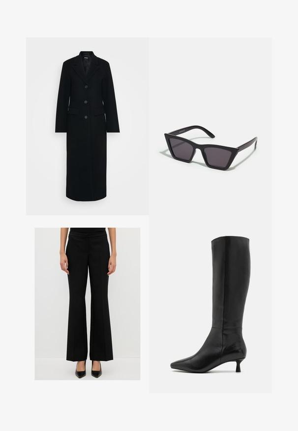Długi czarny płaszcz damski z klapami, z trzema guzikami z przodu i kieszeniami klapowymi po obu stronach.; Długi czarny top z miękkiego materiału, z szerokim dekoltem i nieco luźnym krojem, bez widocznych wzorów ani elementów metalowych.; Czarne flare'owe spodnie o gładkiej fakturze, z umiarkowaną wysokością w talii i plisą z przodu. Połączone z czarnymi szpilkami w szpic.; Zign - Kozaki; Czarne, kanciaste okulary przeciwsłoneczne z szarymi soczewkami; wykonane z plastiku, z grubymi zausznikami o gładkiej powierzchni i bez widocznych elementów metalowych.