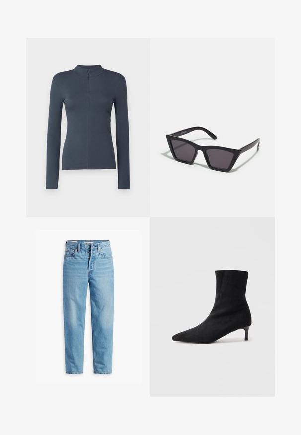 Ilga juoda moteriška striukė su atvira apykakle, trimis mygtukais priekyje ir kišenėmis ant abiejų pusių.; Tamsiai pilkas įstrižinis ilgomis rankovėmis marškinėliai su apykakle ir trumpu priekiniu užtrauktuku, prigludusi siluetas, pateiktas ant baltos fono.; Šviesiai mėlynos džinsinės kelnės su aukštu liemeniu, tiesios kojos kirpimu, penkių kišenių dizainu ir mygtukų uždarymu. Yra matoma siuvinėjimo ir metalinės detalės.; Juodai sukneliškai išveltytos kulkšninių batų, su smailiu pirštu ir plonu, šiek tiek lenktu kulnu. Lygi tekstūra ir minimalistiškas dizainas.; Juodos, kampuotos saulės akinios su pilkais stiklais; pagaminti iš plastiko, su storomis šakėmis, turinčiomis lygų paviršių ir be matomų detalių.