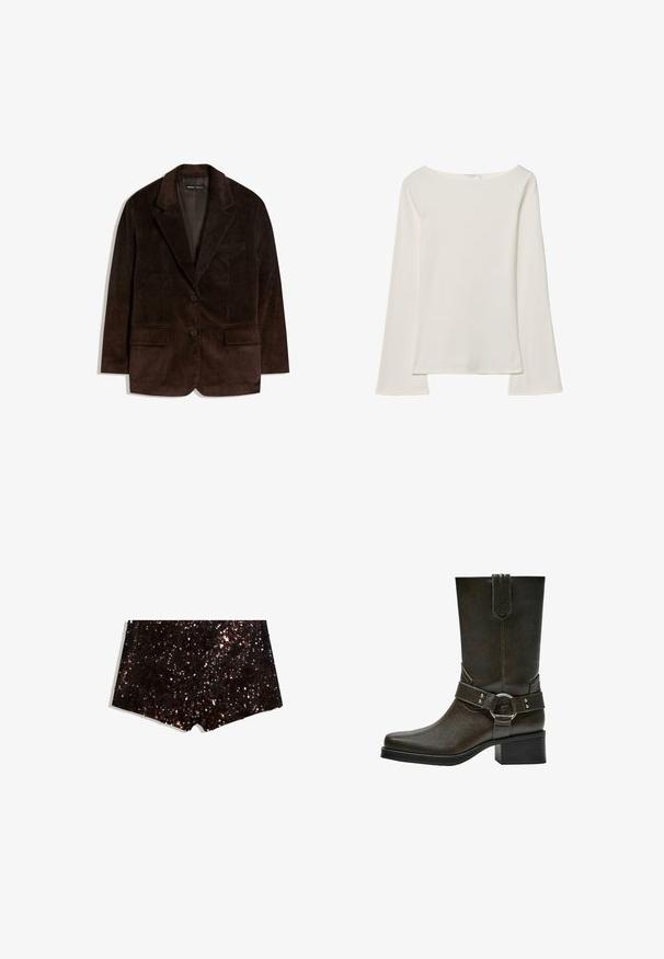 Brązowa marynarka z kordurojowej tkaniny, z klapami typu notch, dwiema przednimi kieszeniami i dwoma guzikami. Teksturowany materiał z pionowymi prążkami.; Biała bluzka z długim rękawem i dekoltem łódkowym. Wykonana z miękkiego materiału, z rozszerzanymi rękawami i prostym wykończeniem, oferująca prosty i uniwersalny design.; Szorty z cekinami w czarnych i brązowych odcieniach, z teksturowaną powierzchnią o błyszczącym, odbijającym świetle wykończeniu oraz prostym kroju dołu.; Brązowy skórzany botek za kostkę z kwadratowym czubkiem, niskim blokowym obcasem i dekoracyjnym paskiem z klamrą w kolorze srebrnym. Gładka tekstura, prosty design.