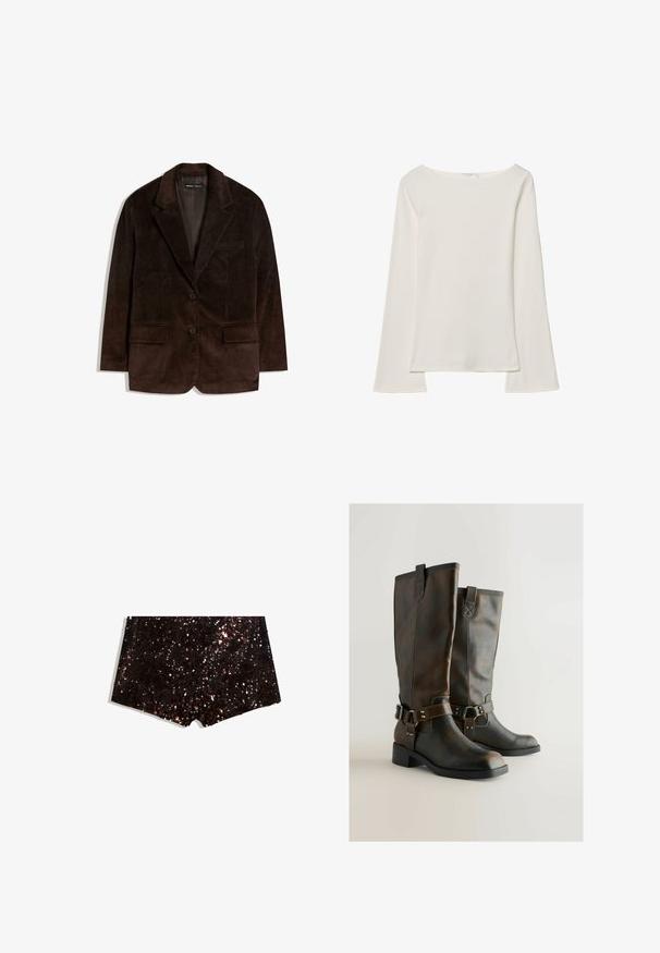 Brązowa marynarka z kordurojowej tkaniny, z klapami typu notch, dwiema przednimi kieszeniami i dwoma guzikami. Teksturowany materiał z pionowymi prążkami.; Biała bluzka z długim rękawem i dekoltem łódkowym. Wykonana z miękkiego materiału, z rozszerzanymi rękawami i prostym wykończeniem, oferująca prosty i uniwersalny design.; Szorty z cekinami w czarnych i brązowych odcieniach, z teksturowaną powierzchnią o błyszczącym, odbijającym świetle wykończeniu oraz prostym kroju dołu.; Brązowe skórzane kozaki do kolan o gładkim wykończeniu, z akcentem w postaci klamry i ozdobnym przeszyciem po bokach. Słupkowy obcas dla większej stabilności.