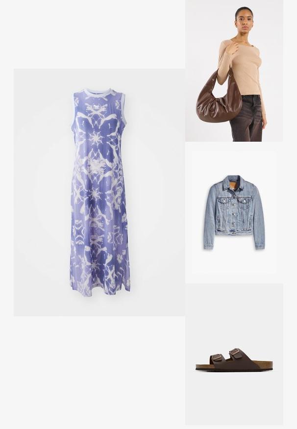 Chaqueta de mezclilla azul claro con mangas largas, cuello puntiagudo, dos bolsillos en el pecho y cierre de botones. Presenta un diseño corto y una textura deslavada.; Vestido sin mangas en color púrpura claro con un patrón abstracto blanco, fabricado con una tela suave, que presenta un cuello redondo y una silueta larga.; Sandalia plana marrón con dos correas ajustables. Fabricada en un material suave, presenta una plantilla de corcho y una suela de goma texturizada.; Bolso hobo de cuero marrón con un diseño relajado y textura suave. Llevado de manera casual por un modelo, presenta una gran apertura y forma redondeada.