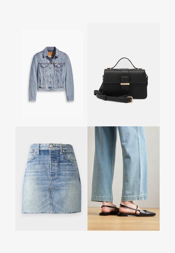 Lichtblauwe spijkerjacket met lange mouwen, puntkraag, twee borstzakken en knopensluiting. Heeft een cropped ontwerp en een vervaagde textuur.; Witte mouwloze tanktop met een vierkante halslijn, een gladde textuur en een nauwsluitend ontwerp. Gemaakt van lichtgewicht stof.; Lichtblauwe denim mini-rok met een hoge taille, afgewerkte zoom, voorzakken en sluiting met een metalen knoop. Vervaagde wassing geeft textuur.; Zwarte leren slingback schoenen met een spitse neus, platte hak en enkelband; gedragen met lichtblauwe wijde jeans.; Zwarte leren handtas met gouden metalen accenten, rechthoekige vorm, flapsluiting, verstelbare schouderriem, soepele textuur, minimalistisch design.