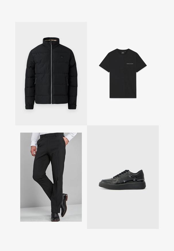 Chaqueta acolchada negra con cuello alto, cierre frontal, bolsillos laterales con cremallera y puños ajustables.; Camiseta de algodón negra con mangas cortas, cuello redondo y un pequeño logotipo blanco de "Lyle & Scott" impreso en el pecho. Textura suave.; Pantalones de vestir negros con un ajuste entallado, que presentan una textura suave, piernas rectas y trabillas para cinturón, combinados con zapatos de vestir negros pulidos.; Zapatillas de cuero negro con un acabado suave, punta redonda y suela de goma negra de contraste. Presentan cordones planos y un logo en el lateral.