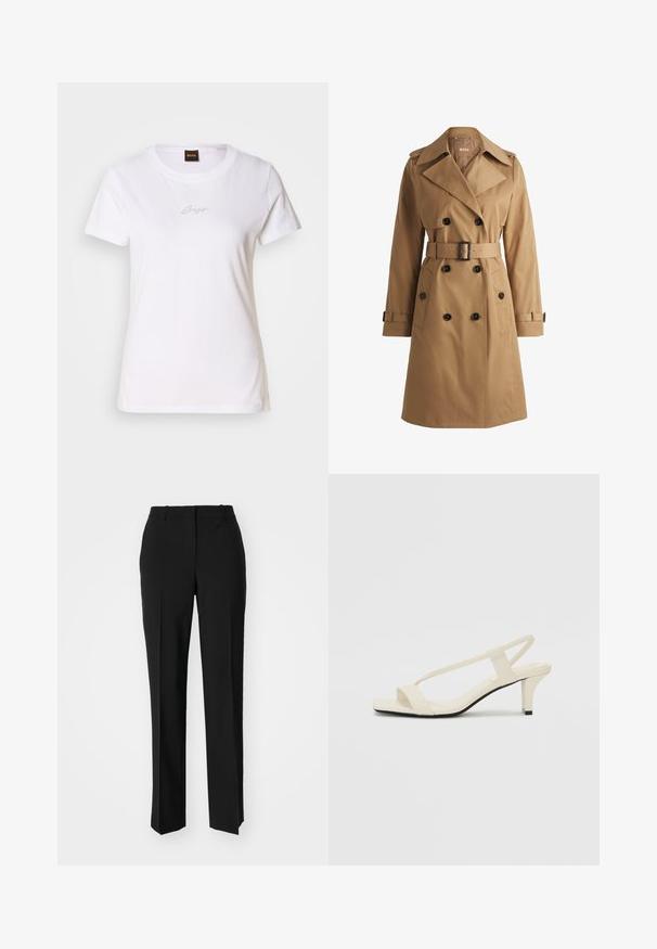 Tan trenchcoat met dubbelzijdige knopen, brede kraag, ceintuur in de taille en schouderepauletten. Gladde stof met voorzakken.; Witte katoenen t-shirt met korte mouwen, ronde hals, en een klein, subtiel zwart logo geborduurd op de borst. Soepele textuur.; Zwarte op maat gemaakte broek met een recht model, voorzien van een soepele textuur en scherpe plooien aan de voorkant. Geen zichtbare hardware.; Beige blockhak sandalen met dunne bandjes en een vierkante neus. Glad materiaal met minimale details, ontworpen voor eenvoudig dragen.