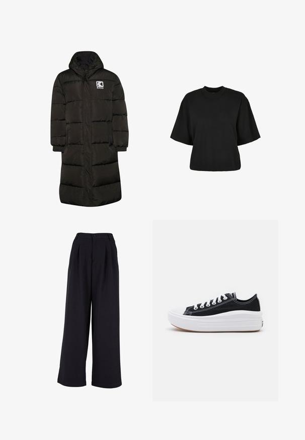 Padded dugi kaput tamnozelene boje s kapuljačom, s prednjim patentnim zatvaračem, elastičnim rukavima i logom na lijevoj strani prsnog koša. Vodoodporni materijal.; Crna skraćena majica od pamuka. Ima kratke rukave i okrugli izrez. Glatka tekstura s jednostavnim dizajnom, bez dodatnih uzoraka.; Hlače širokih nogavica od crnog materijala, s prednjim plisama, kopčanjem na dugme i glatkom teksturom. Krojenje s visokim strukom.; Crne platnene tenisice s bijelim vezicama, bijelim gumastim vrhom i debelim bijelim međusolom. Imaju suptilnu bijelu šav, a đon je od gume.