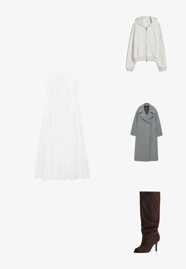 Grå uldfrakke med bredt notch-krave, lange ærmer og sidelommer. Designet er enkelt med en lige silhuet.; Lys grå cropped hoodie lavet af blødt stof; har en frontlynlås, stor hætte og ribbede manchetter og kant; inkluderer sidelommer.; Hvid ærmeløs kjole med et enkelt design, A-formet silhuet, glat tekstur og syninger langs siderne.; Mørkebrun ruskinds støvle til knæet med slasket skaft, åben tå og slank høj hæl, fotograferet på hvid baggrund.; Brun læderhåndtaske med rund form, sølvhardware, to sideskuldre og en glat tekstur. Har en enkelt toppen håndtag.