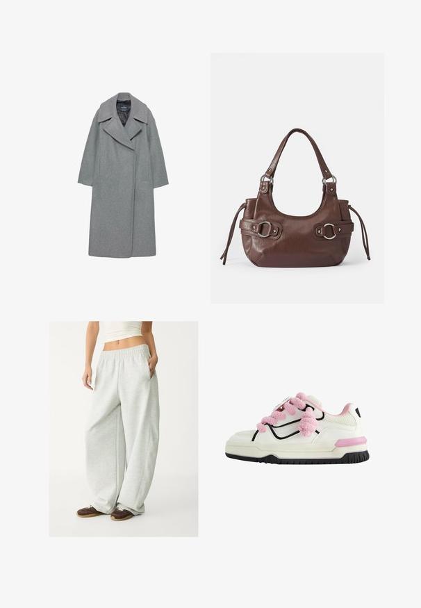 Grå ullkappa med breda slagkragar, långa ärmar och sidofickor. Designen är enkel med en rak silhuett.; Ljusgrå kort hoodie gjord av mjukt tyg; har en framtida dragkedja, stor huva och ribbade mudd och nederkant; inkluderar sidofickor.; Vit ribbad crop top med hög krage och ärmlös design. Tillverkad av mjukt, stretchy material för en komfortabel passform.; Ljusgrå sweats med elastisk midja, sidofickor och en lös passform. Tillverkade av mjukt, strukturerat tyg; har subtila sömmar.; Vit sportskor med rosa fluffiga snören, svart kontur, perforerade mesh-sektioner och en kraftig gummisula med rosa accent.; Brun läderhandväska med rundad form, silverfärgad hårdvara, två sidoremmar och en slät yta. Har ett enda handtag på toppen.